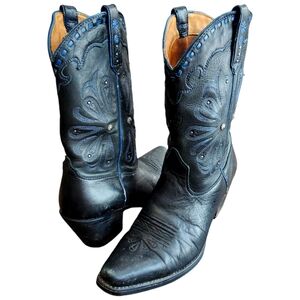 ARIAT Leather Cowboy Boots - Black w/ Blue Floral Embroidered Design - Sz 8.5 B